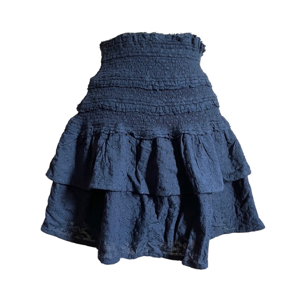 NWT/ Navy Smocked Tiered Short Skirt Embroidered Cotton Orig$180 Size S/M